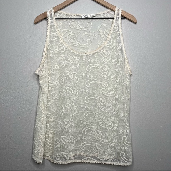 Cato Women Mesh Crochet Lace Tank Top Cream Scoop Neck Paisley Print Summer Rave - Picture 1 of 8